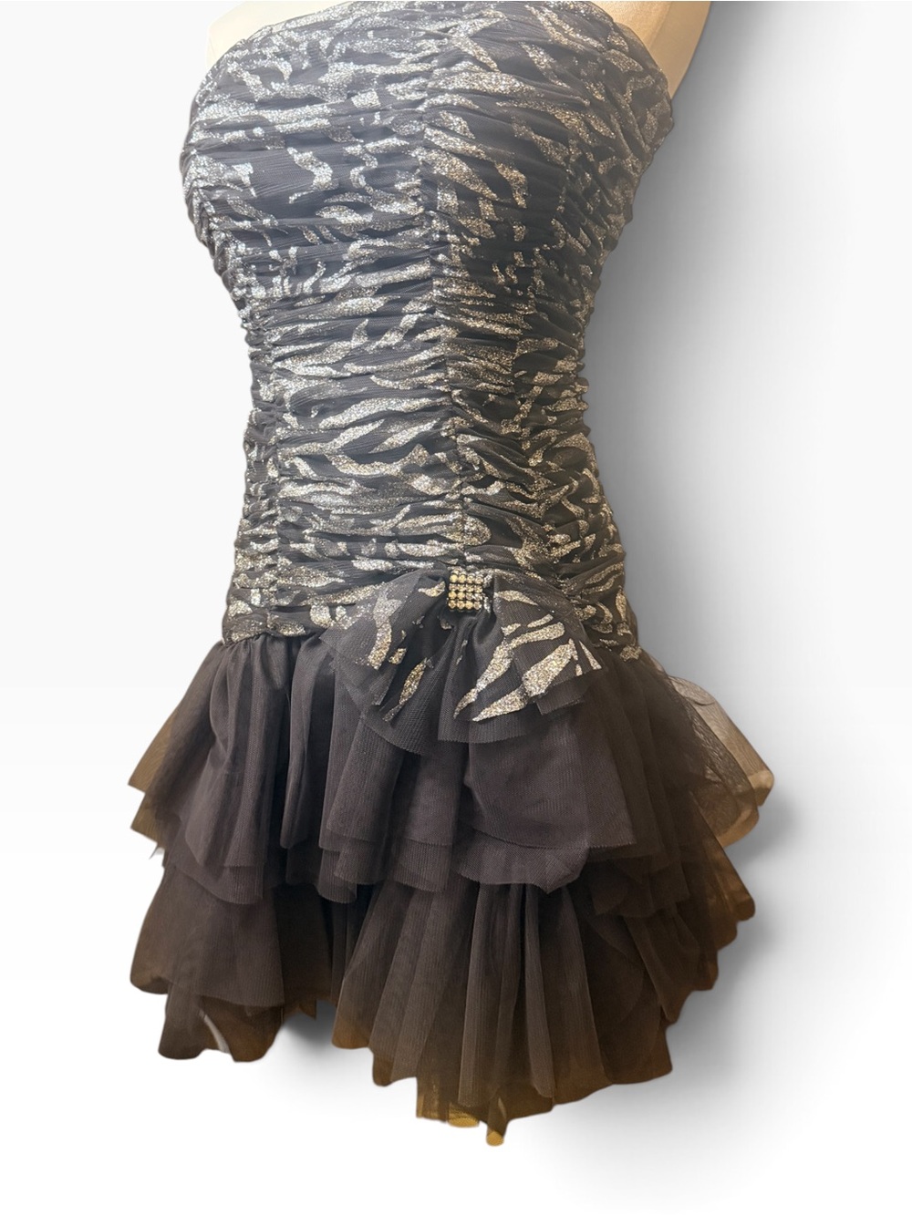 Blondie Nites Size 5 Strapless Metallic Ruched Ruffle Party Dress Made in USA